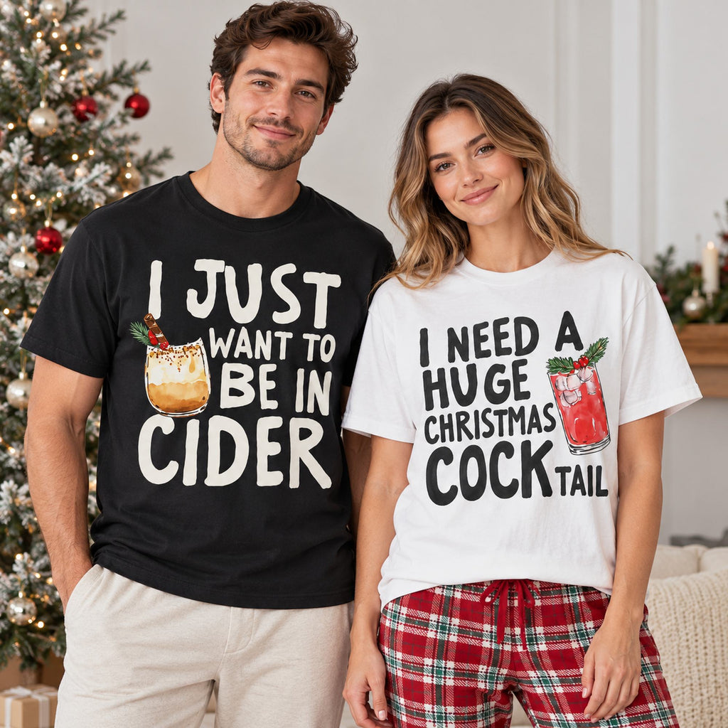 Christmas Cider and Cocktail couples front-print shirts in black and white, adult couple photo