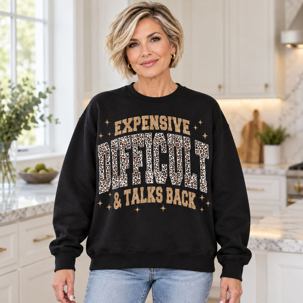 Expensive Difficult and Talks Back leopard lettering black sweatshirt front adult model photo