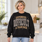 Expensive Difficult and Talks Back leopard lettering black sweatshirt front adult model photo
