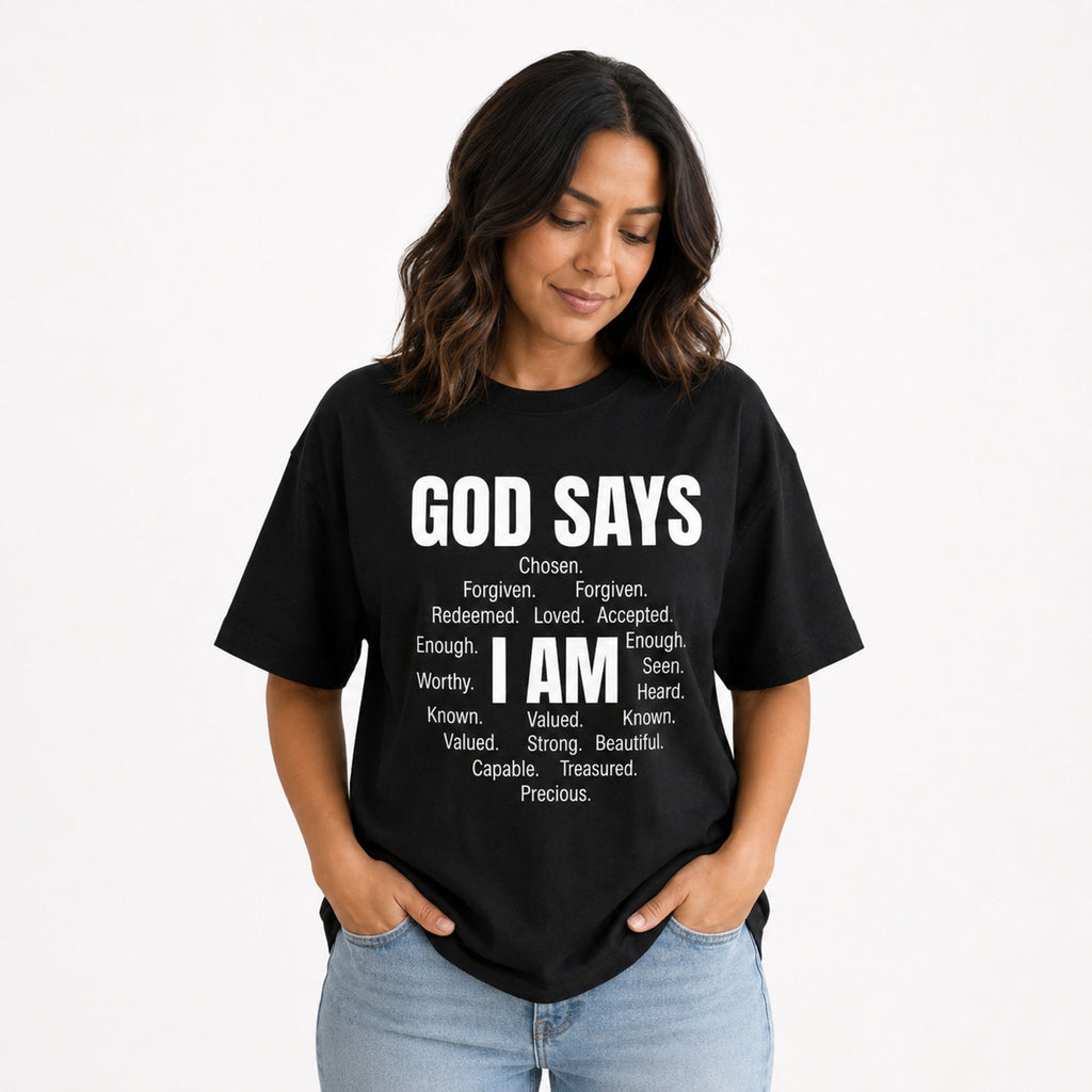 God Says I Am faith affirmation graphic tee black front print female model