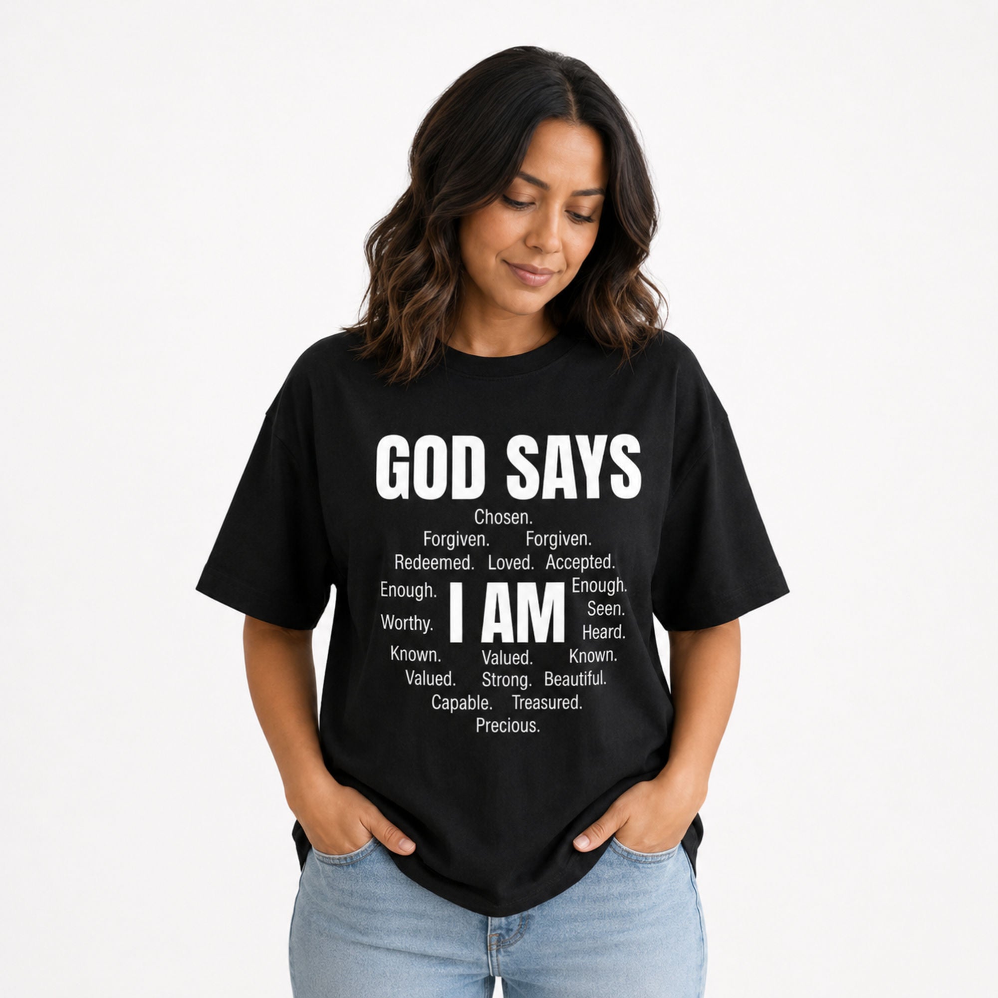 God Says I Am faith affirmation graphic tee black front print female model