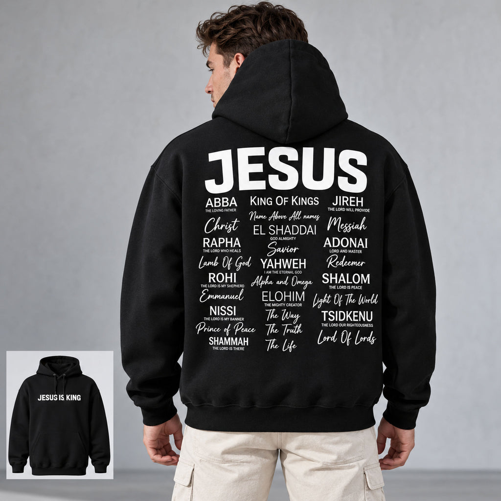 Jesus Is King names of Jesus black hoodie back-view model with front-print inset