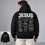 Jesus Is King names of Jesus black hoodie back-view model with front-print inset
