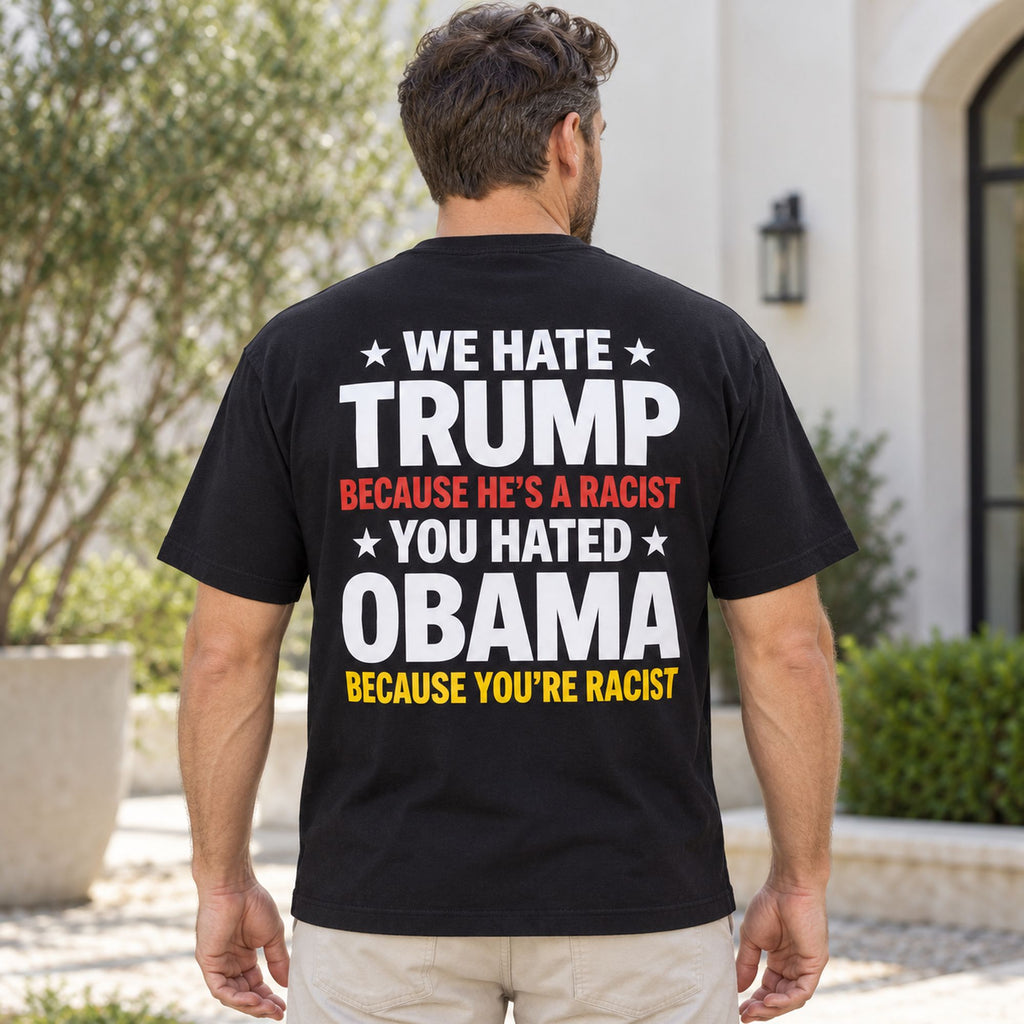Trump and Obama Statement black T-shirt back adult model lifestyle photo