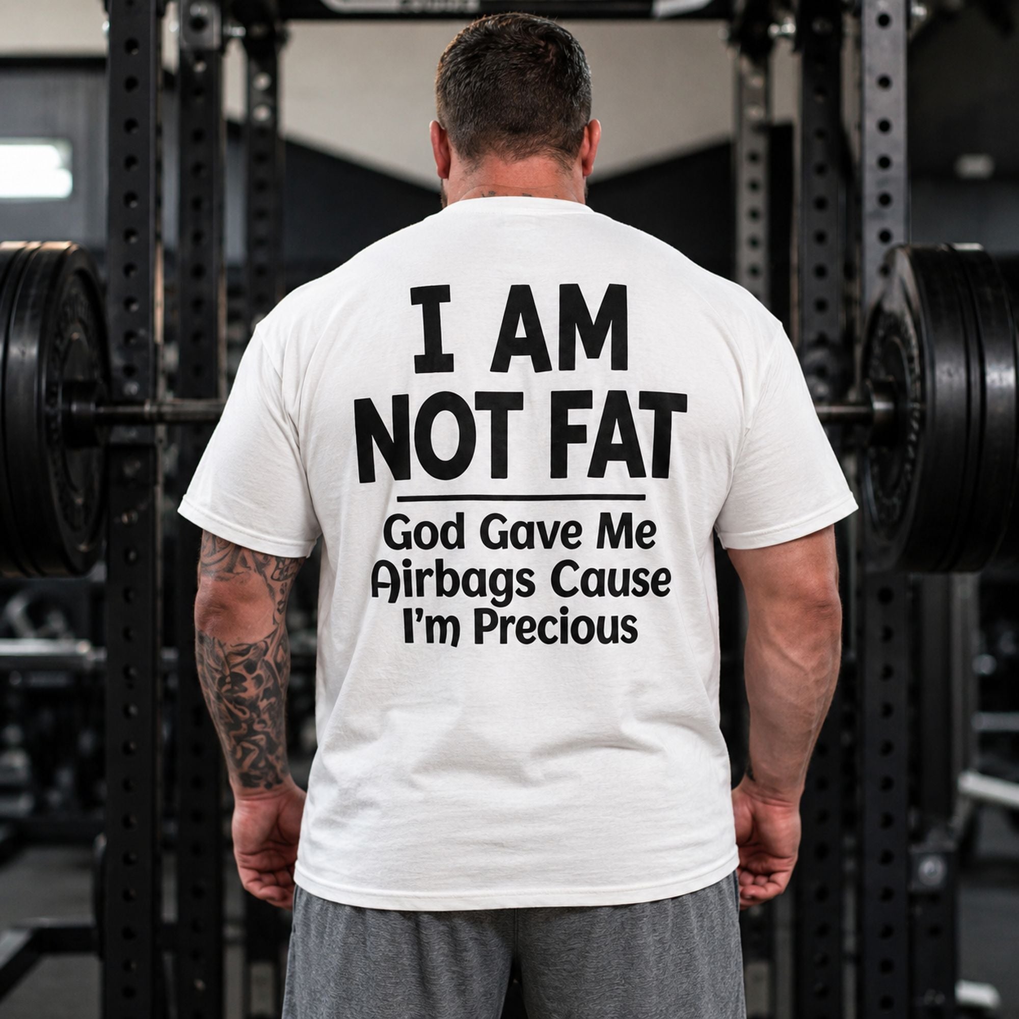 I Am Not Fat I'm Precious funny gym graphic tee white back print male model