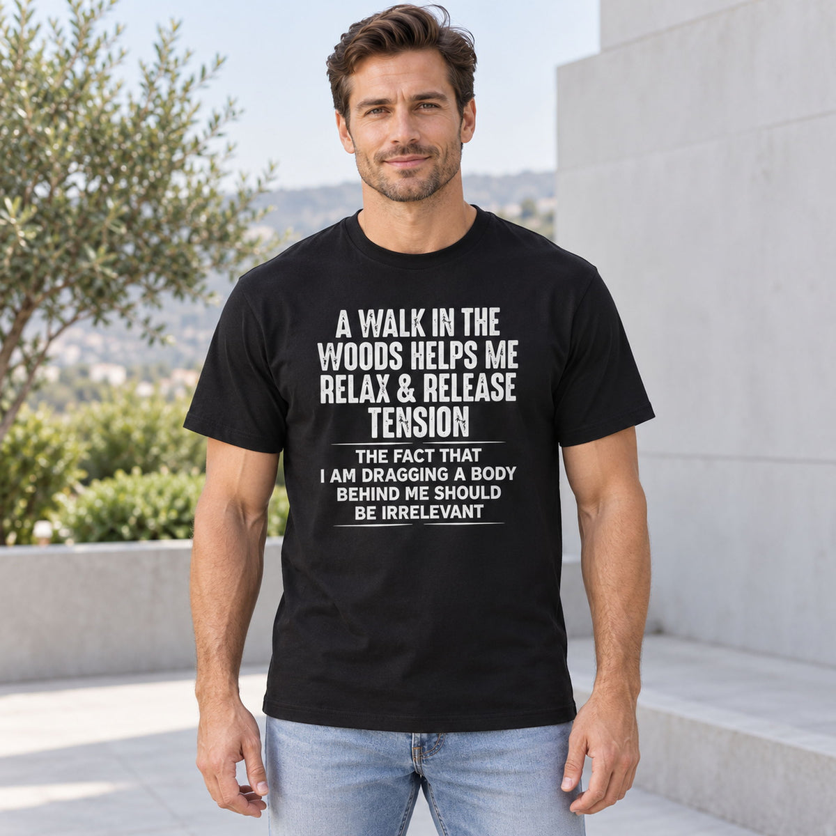 Black graphic tee front adult model with A Walk In The Woods design