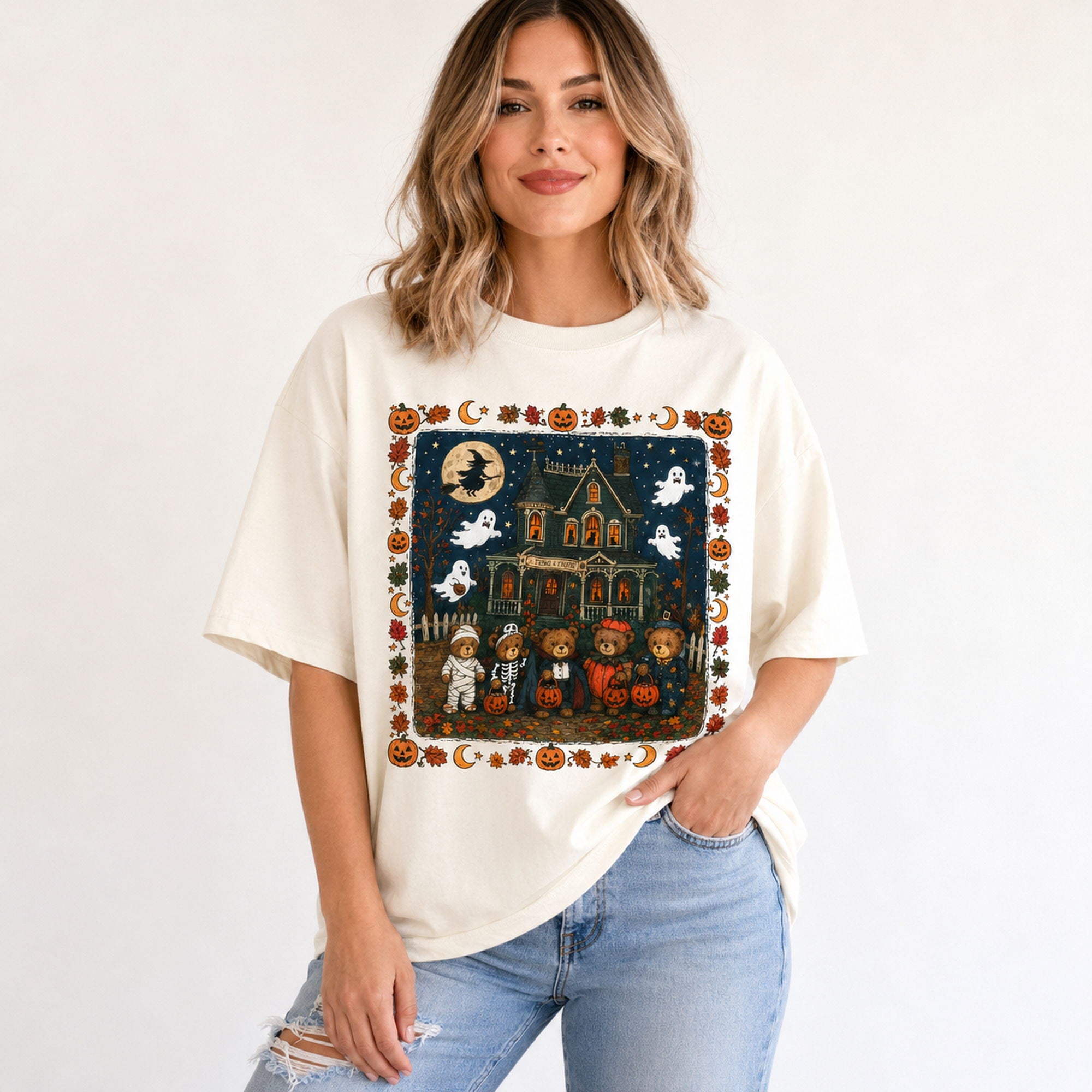 Vintage Halloween bears haunted house graphic tee ivory front print female model