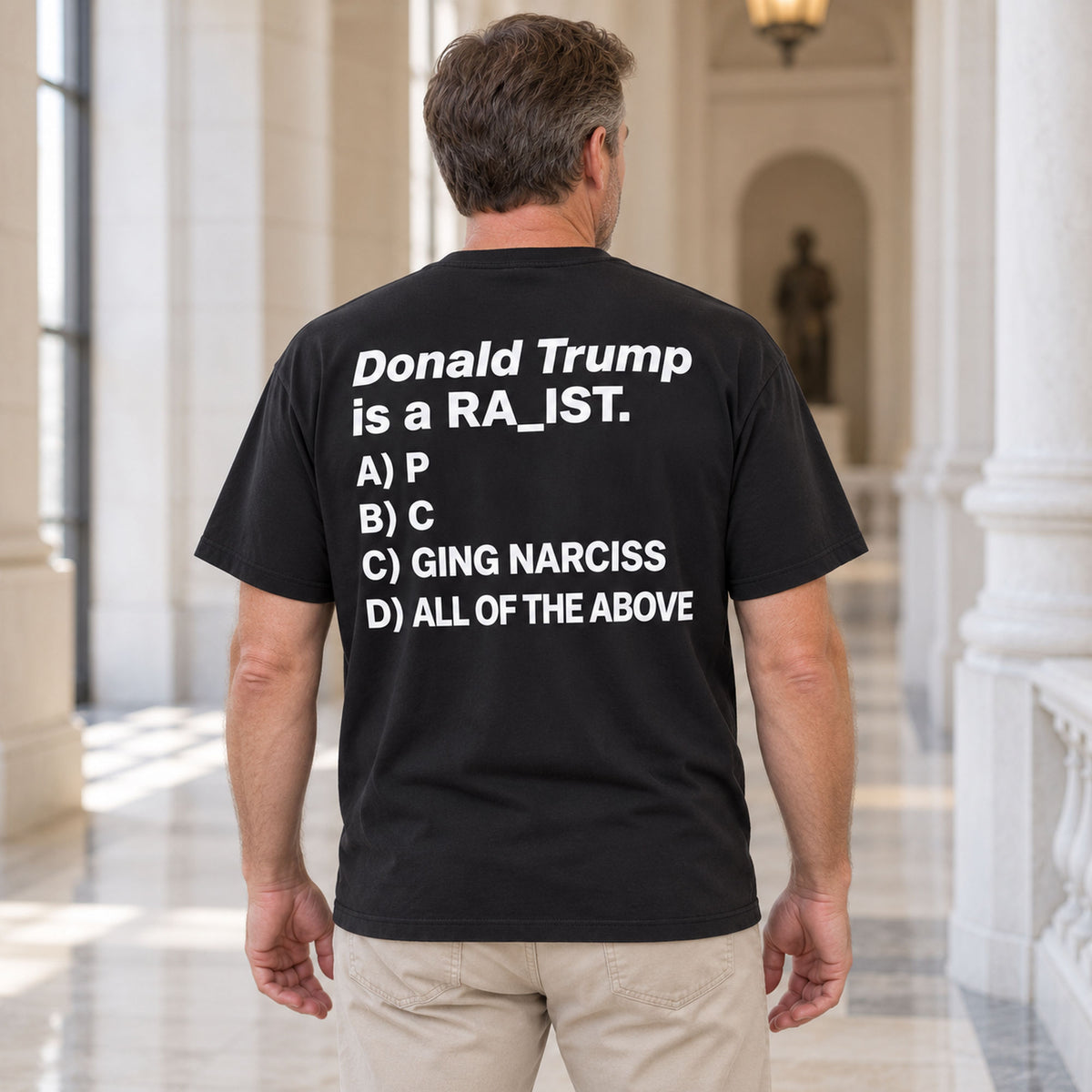 Donald Trump Multiple Choice black T-shirt back adult model lifestyle photo