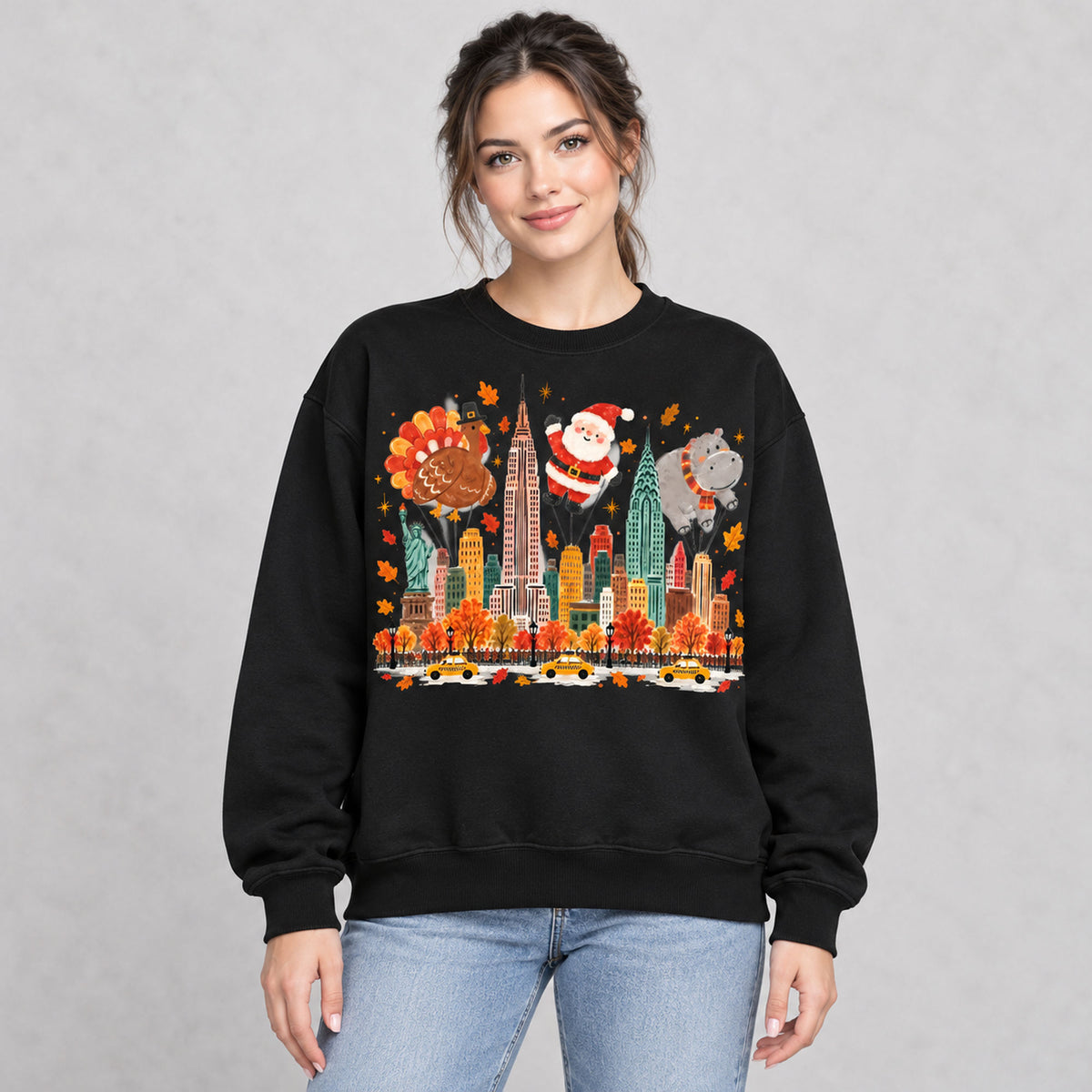 New York Holiday Parade Skyline Graphic Sweatshirt and Tee black front print on model