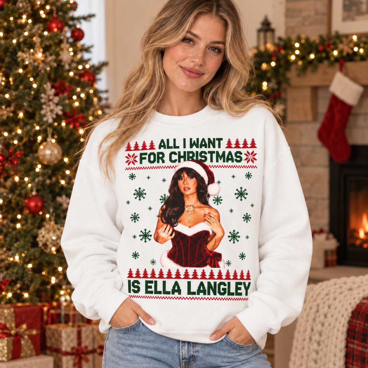 All I Want for Christmas Is Ella Langley white sweatshirt on a model, front portrait print with green lettering and red holiday details
