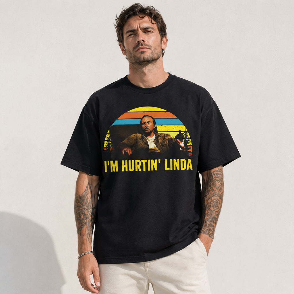I'm Hurtin' Linda funny retro graphic tee black front model