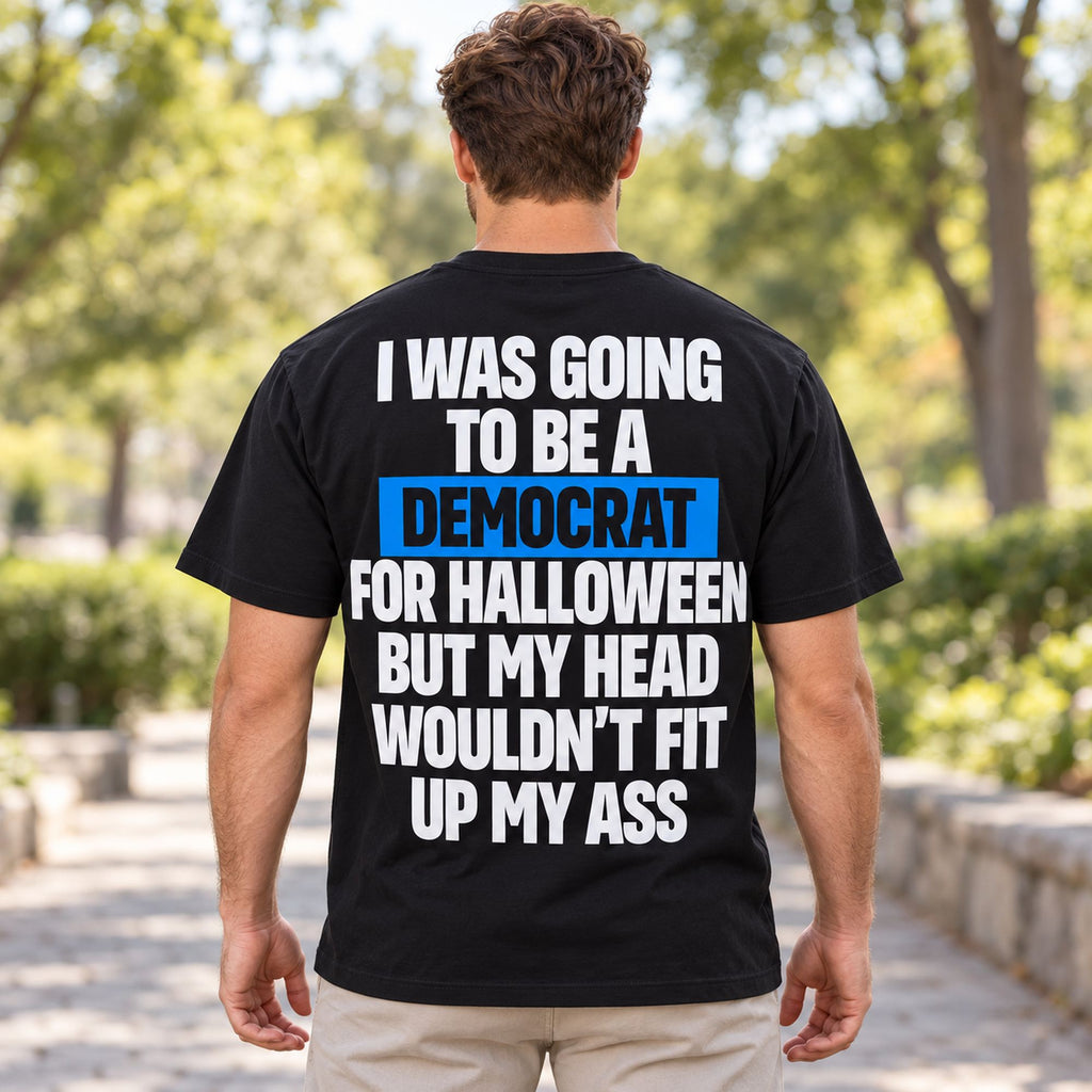 Democrat for Halloween original political-satire slogan with blue word highlight on black T-shirt back, adult model photo