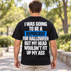 Democrat for Halloween original political-satire slogan with blue word highlight on black T-shirt back, adult model photo