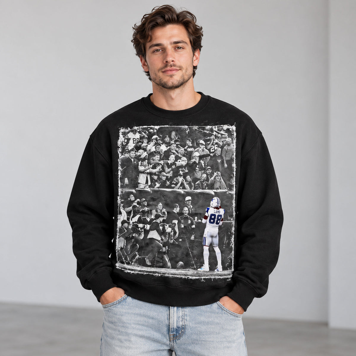 Lamb 88 Stadium Crowd Football Graphic Sweatshirt and Tee black front print on model