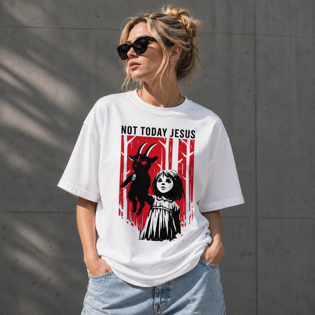 Not Today Jesus gothic horror graphic tee white front print female model