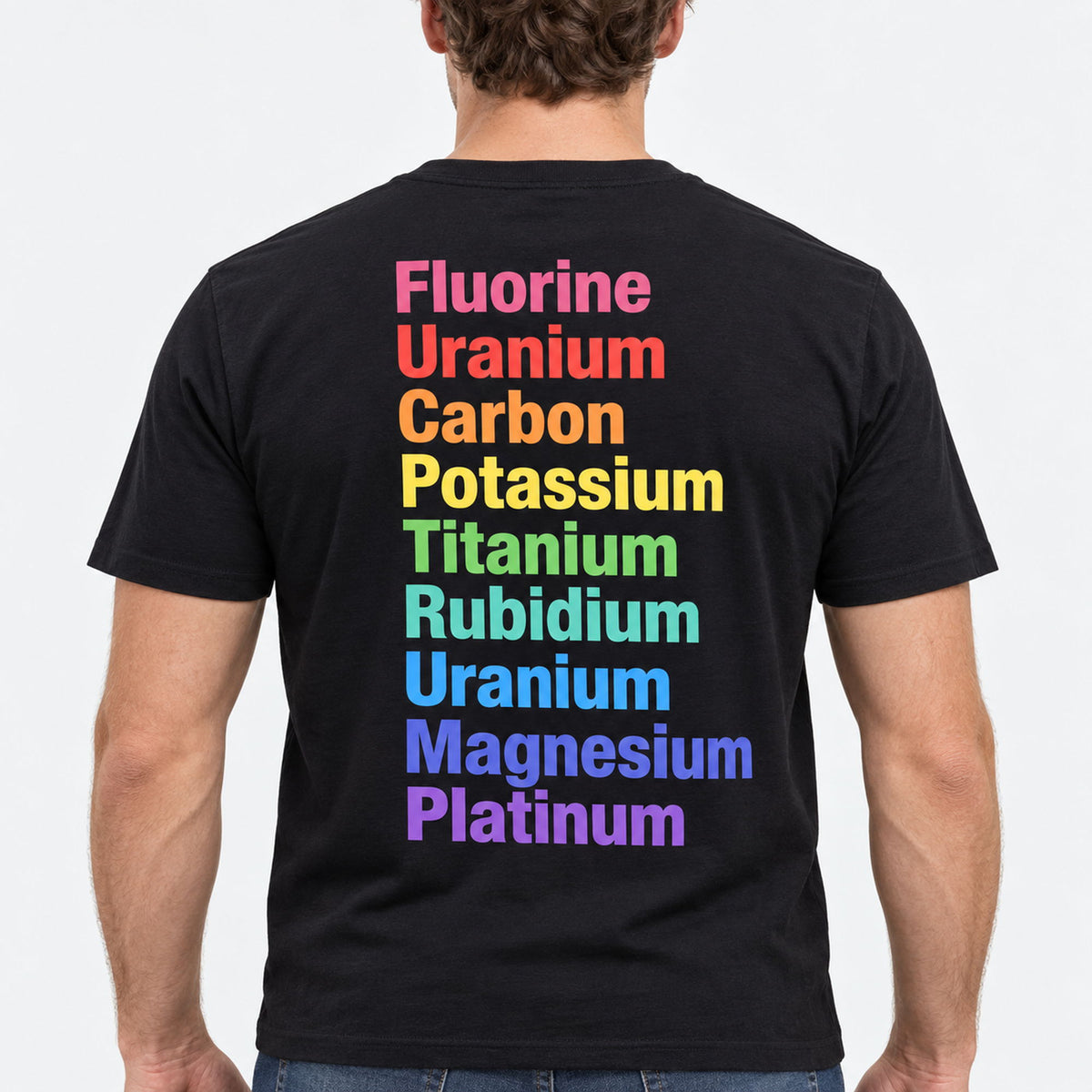 Black graphic tee back adult model with Rainbow Elements design
