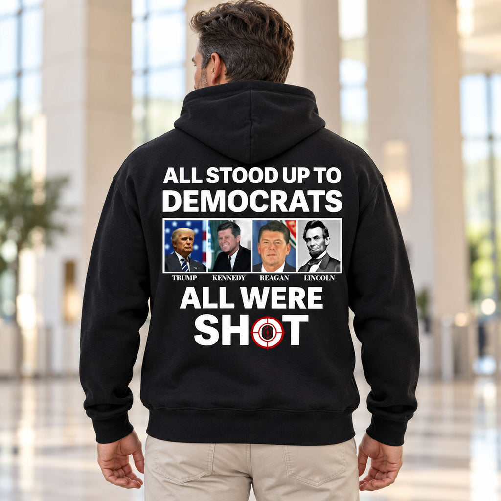All Stood Up to Democrats labeled portrait collage and red target detail on black hoodie back, adult model photo