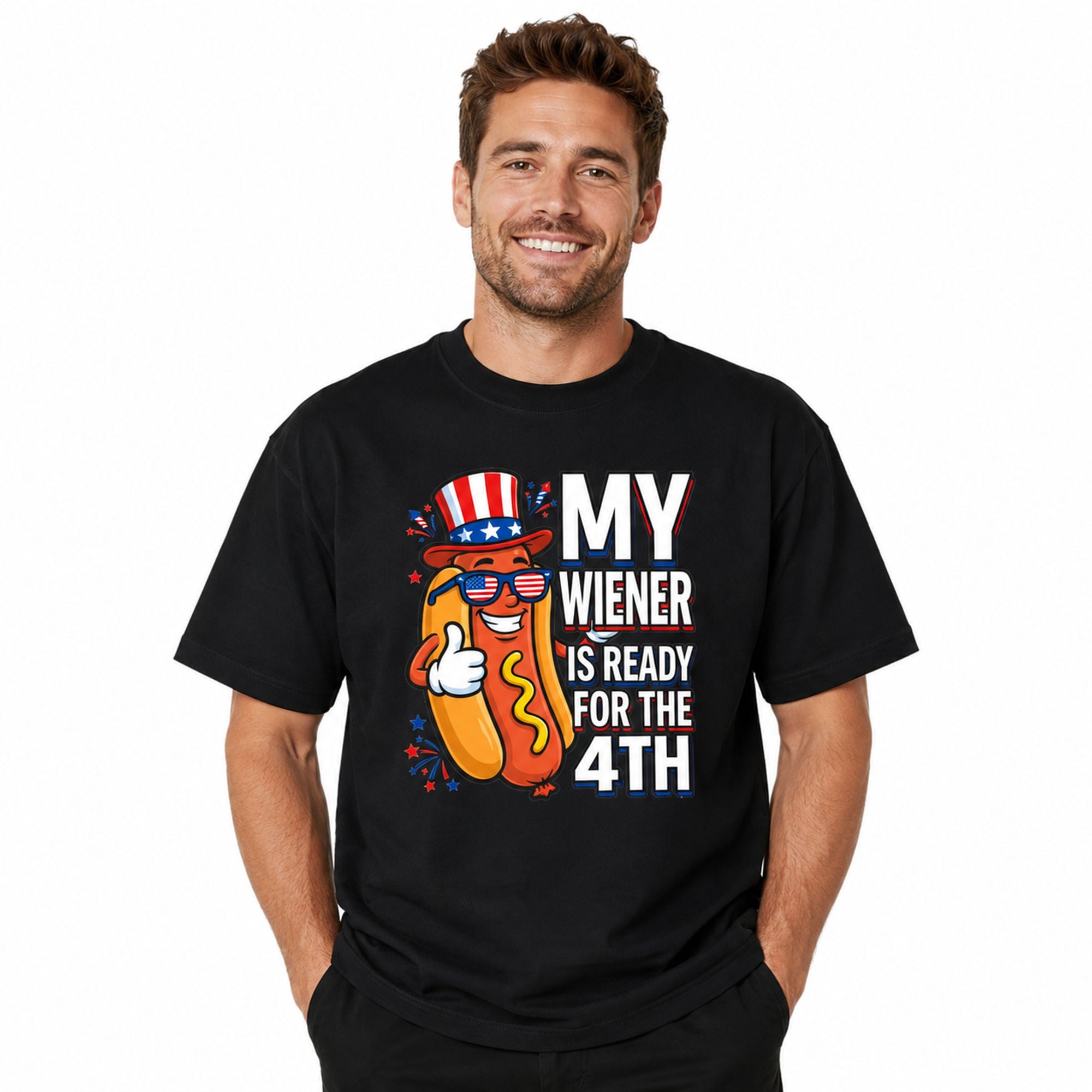 My Wiener Is Ready For The 4th funny hot dog graphic tee black front model