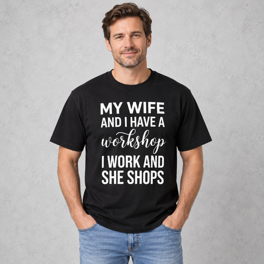 Black graphic tee front adult model with My Wife And I Have A Workshop design