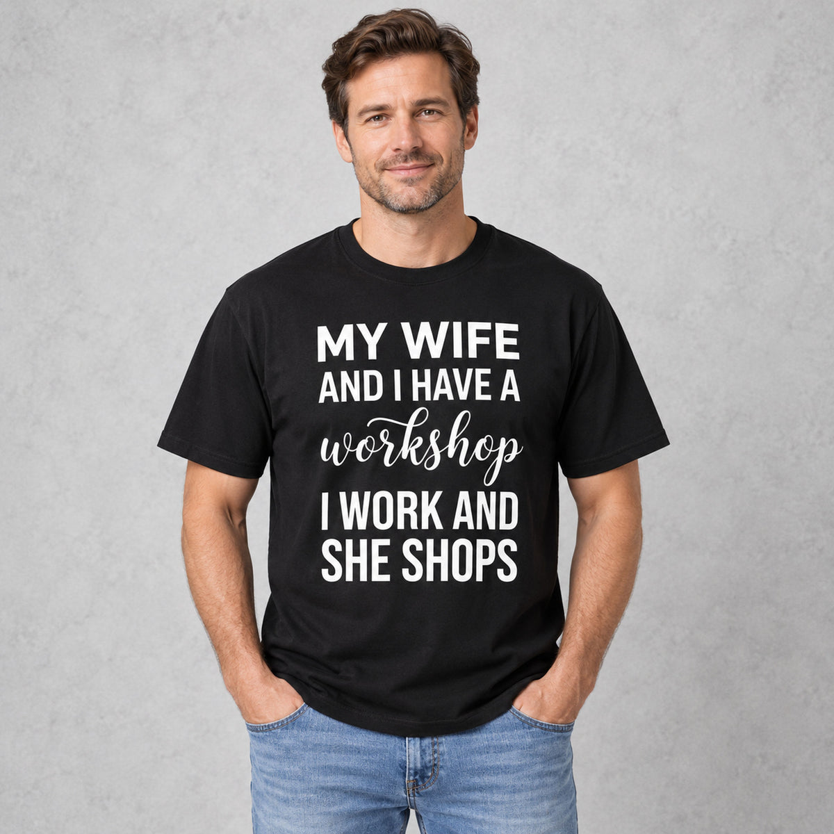 Black graphic tee front adult model with My Wife And I Have A Workshop design