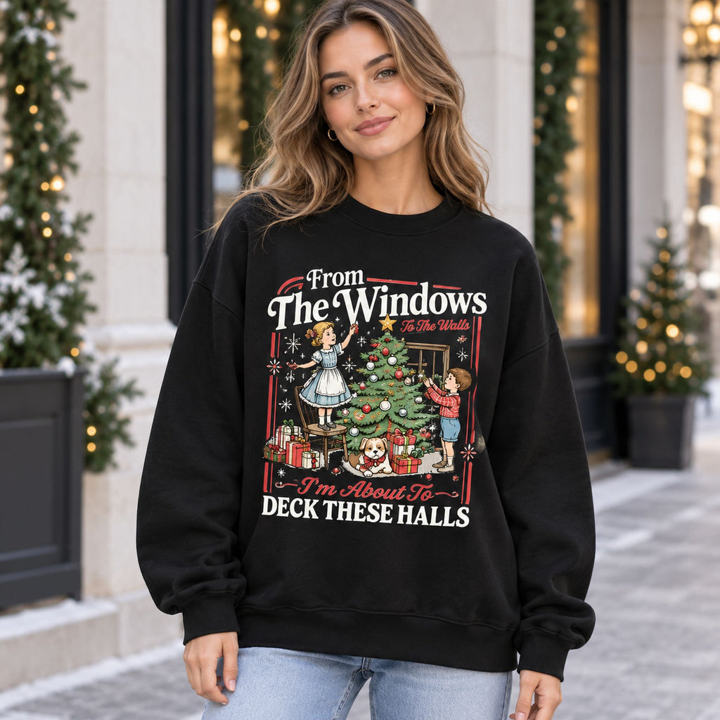 From the Windows Deck These Halls Christmas Graphic Sweatshirt and Tee black front print on model
