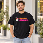 Drunkin Grownups orange and pink lettering with beer mug on black T-shirt front, adult model photo