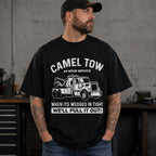 Camel Tow 24 Hour Service towing graphic tee black front print male model
