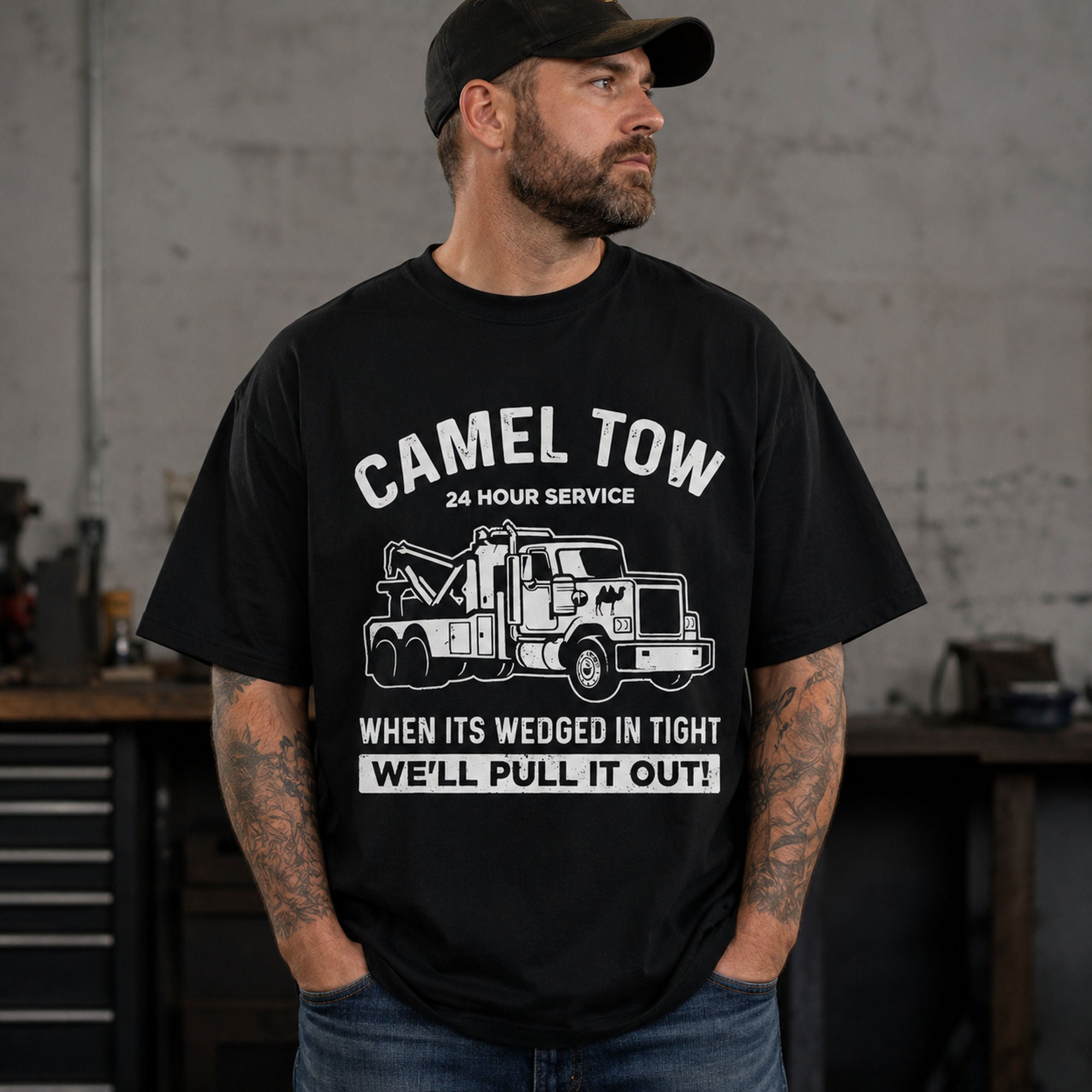 Camel Tow 24 Hour Service towing graphic tee black front print male model
