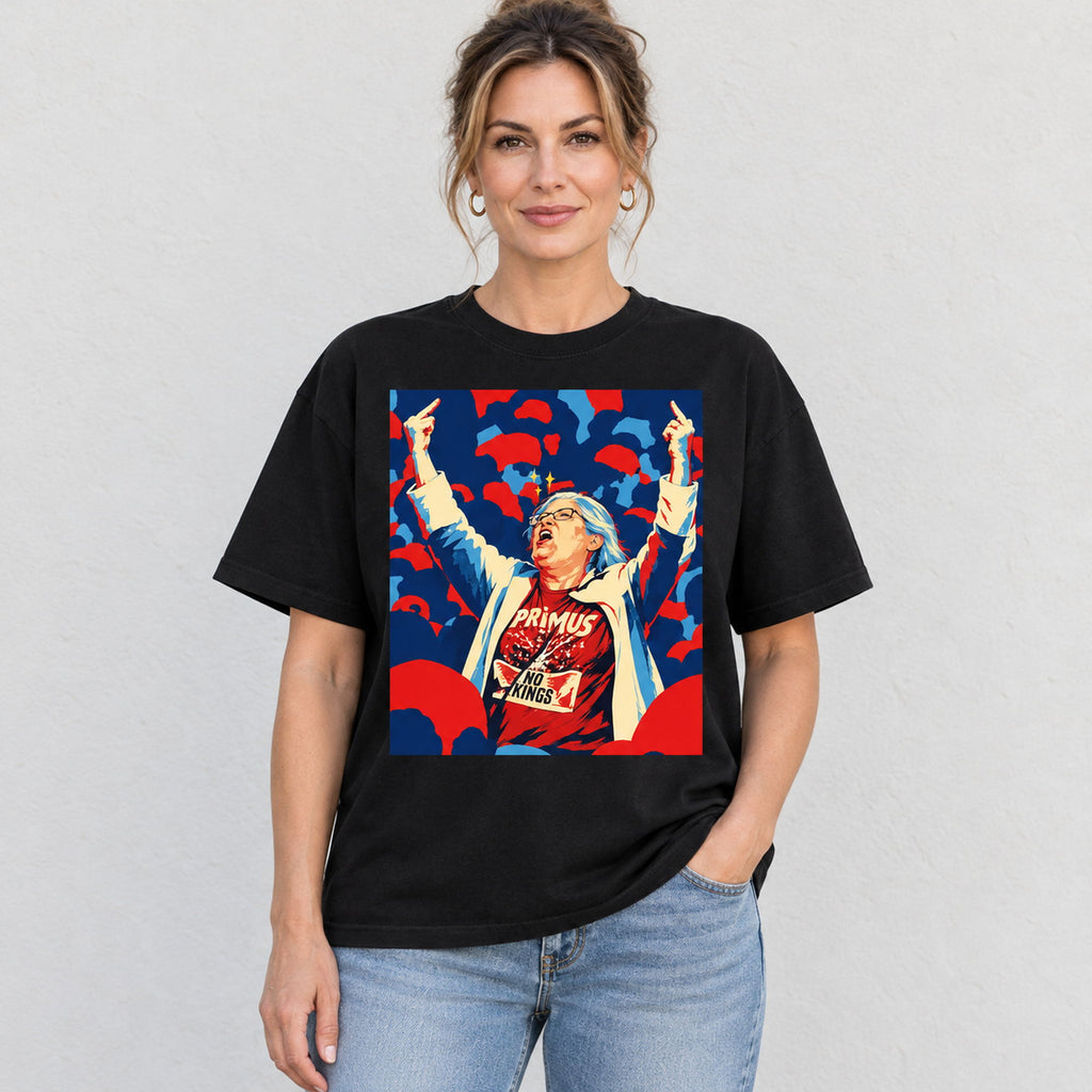 No Kings rebel portrait black T-shirt front adult woman model photo