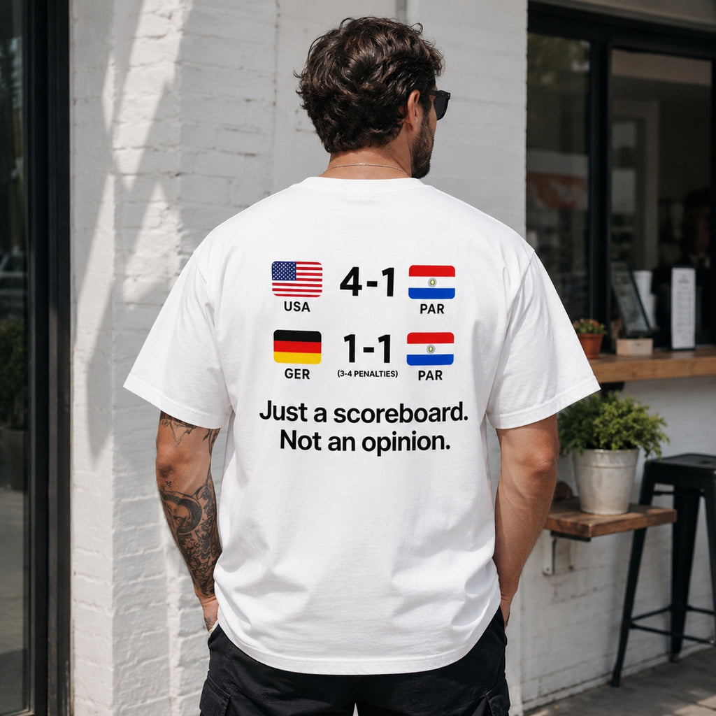 Just A Scoreboard soccer humor graphic tee white back print male model