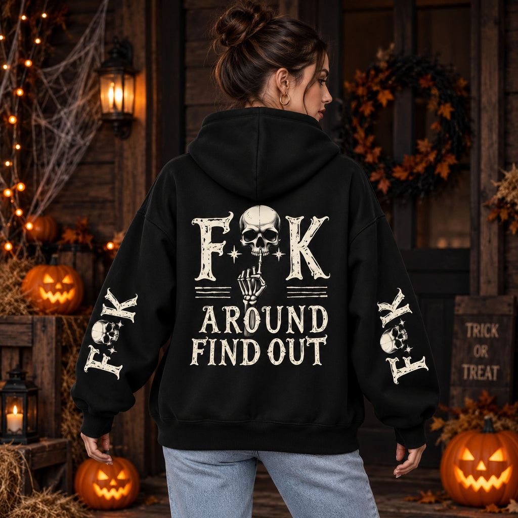 Black hoodie back adult model with FAFO Skull back and sleeve design
