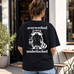 Overworked and Underfucked raccoon coffee graphic tee black back print female model