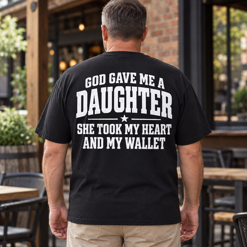 God Gave Me a Daughter black T-shirt back adult model lifestyle photo