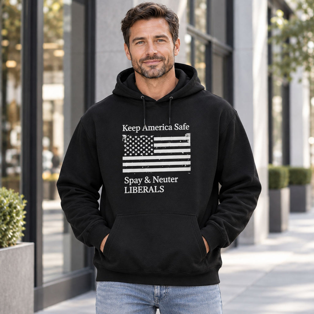 Keep America Safe American flag political satire black hoodie front adult man model photo