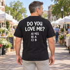 Black graphic tee back adult model with Do You Love Me design