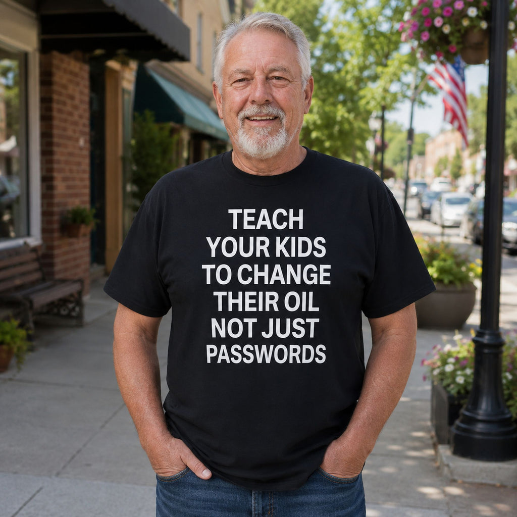 Teach Your Kids To Change Their Oil mechanic humor graphic tee black front print male model