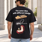 The same idea with different design mousetrap steel trap and ring box graphic on black T-shirt back, adult model photo