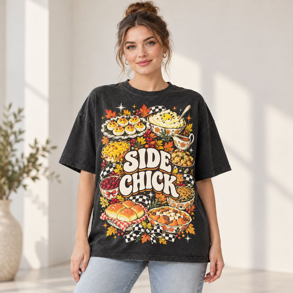 Side Chick Thanksgiving food collage and autumn checkerboard graphic on black T-shirt front, adult model photo