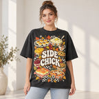 Side Chick Thanksgiving food collage and autumn checkerboard graphic on black T-shirt front, adult model photo