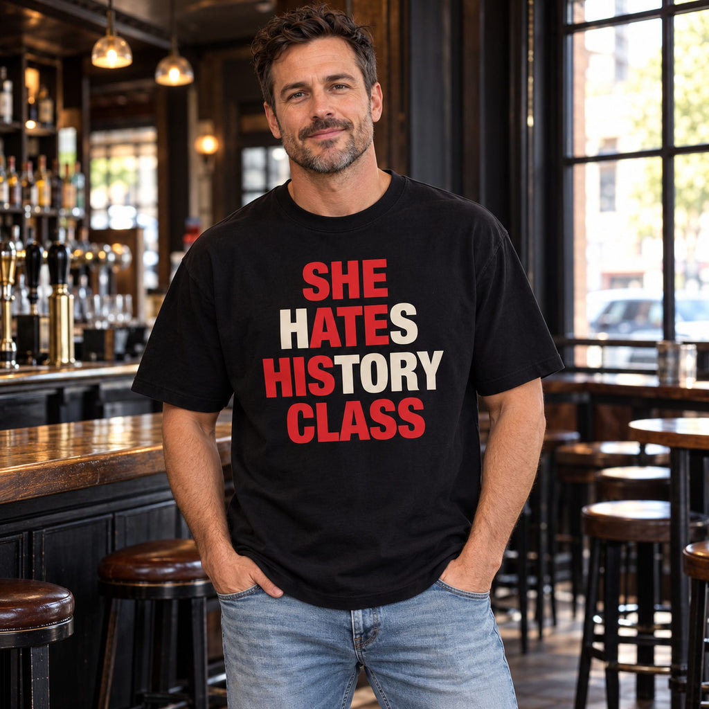 She Hates History Class black T-shirt on a model, front print with red and white wordplay letters