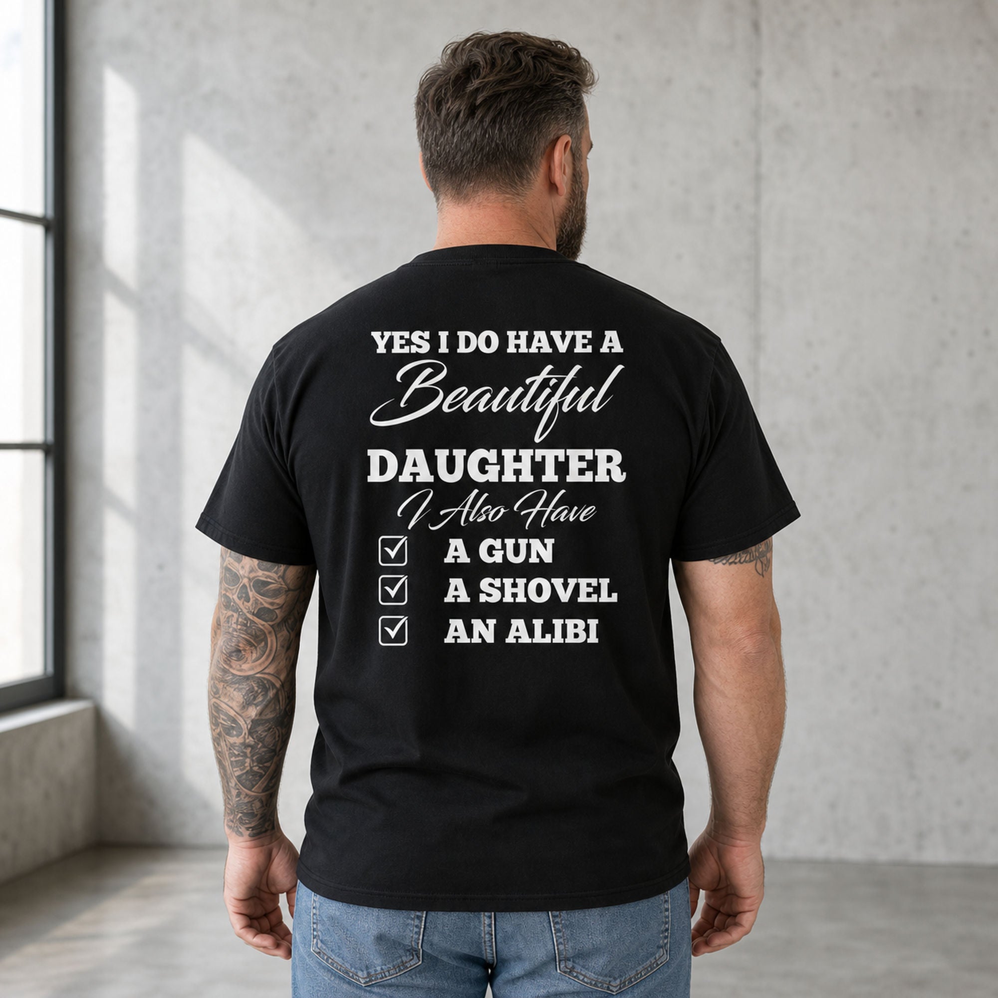 Beautiful Daughter protective dad graphic tee black back print male model