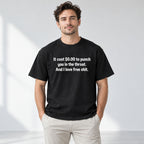 I Love Free Shit original blunt text graphic on black T-shirt front, adult model photo