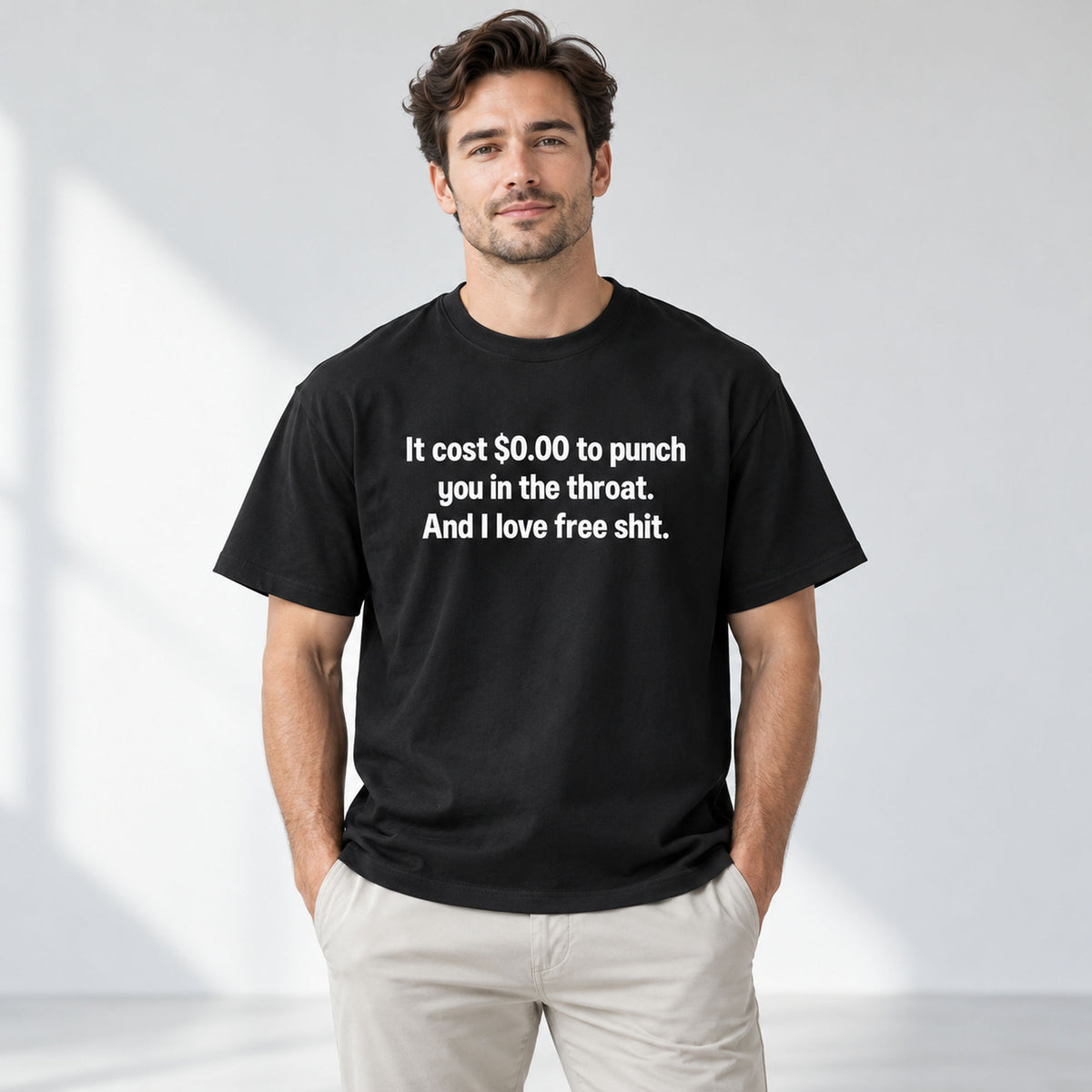 I Love Free Shit original blunt text graphic on black T-shirt front, adult model photo