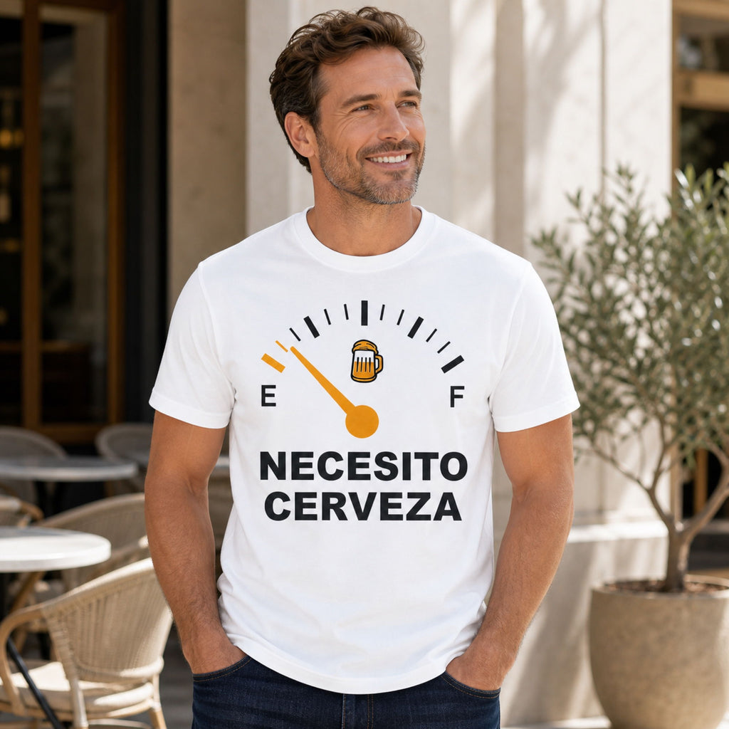 Necesito Cerveza beer gauge graphic tee white front lifestyle model