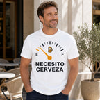 Necesito Cerveza beer gauge graphic tee white front lifestyle model