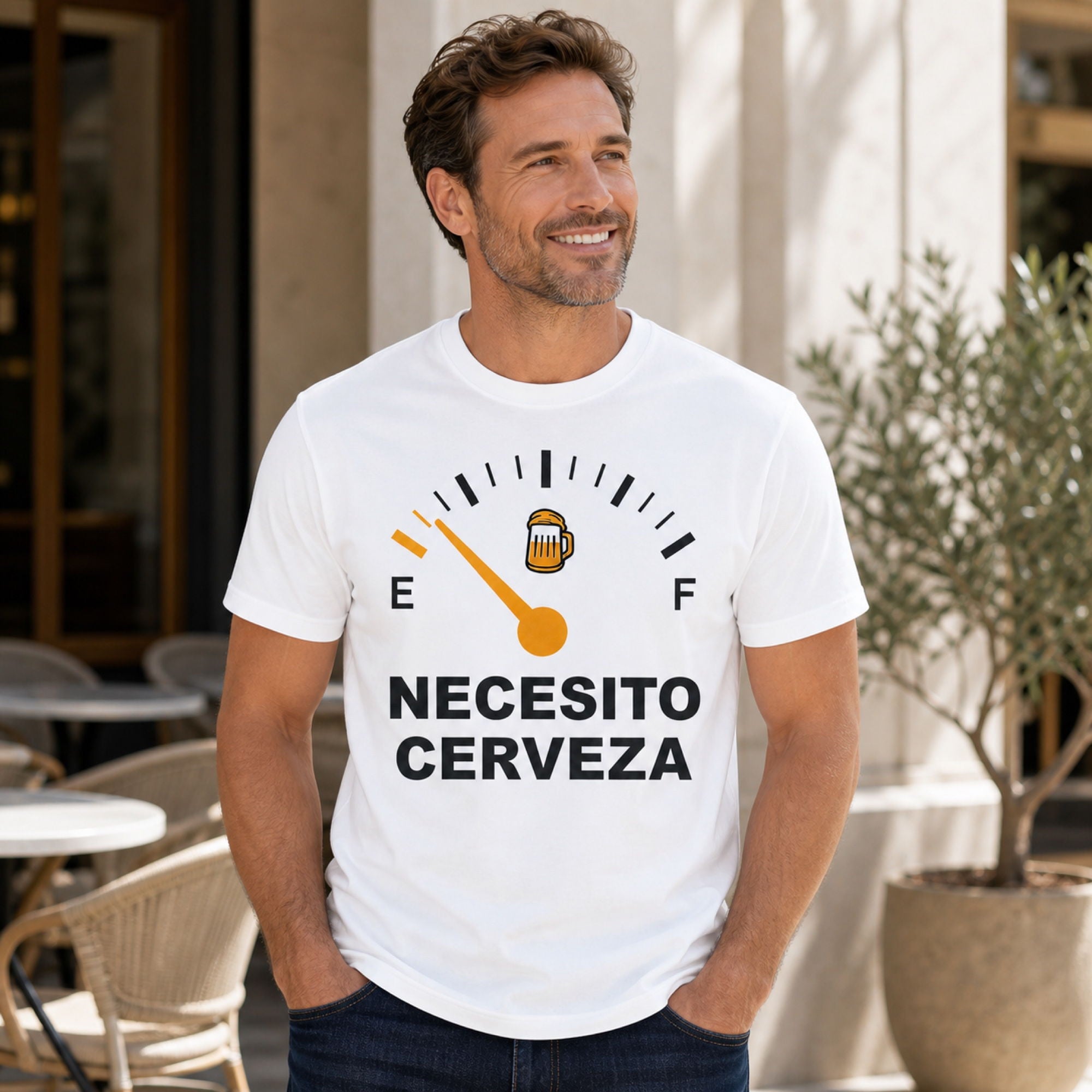 Necesito Cerveza beer gauge graphic tee white front lifestyle model