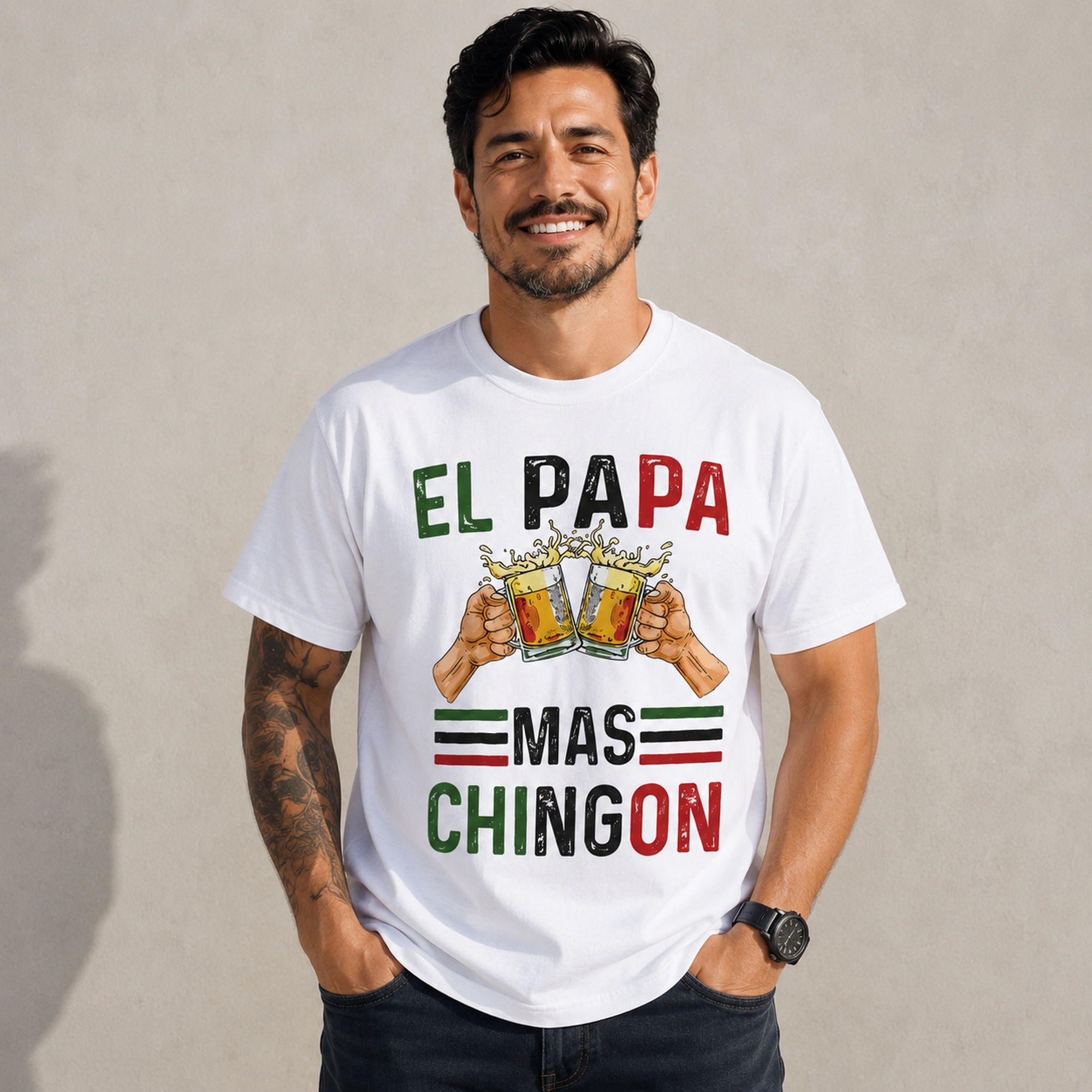 El Papa Mas Chingon funny dad graphic tee white front model