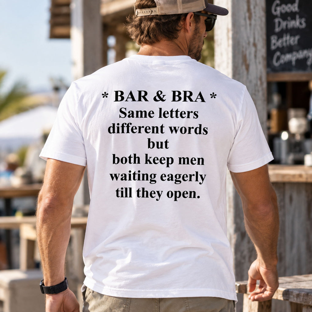 White Bar & Bra Same Letters graphic tee with black back lettering on a male model in a lifestyle setting