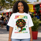 Juneteenth Remembering My Ancestors graphic tee white front lifestyle model