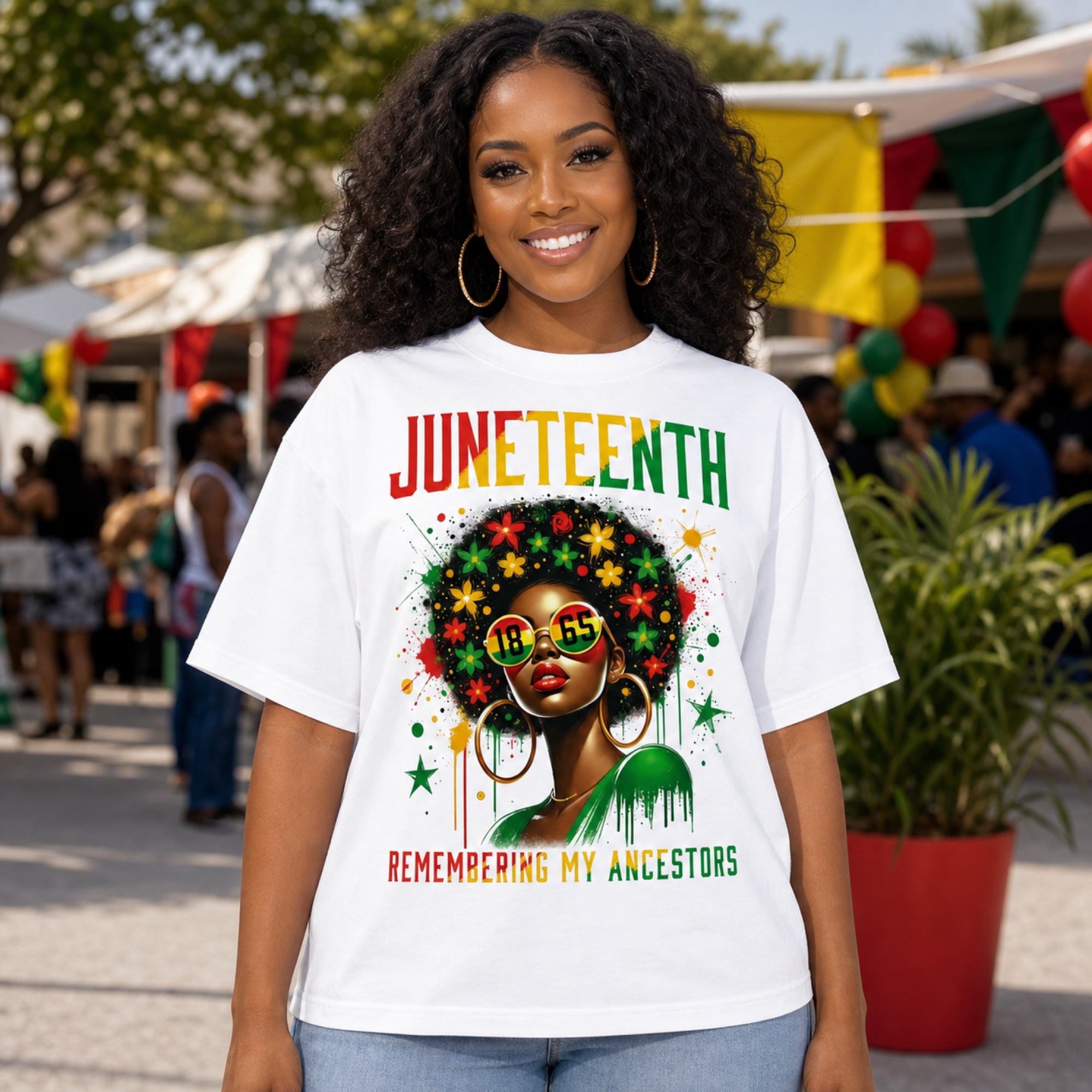Juneteenth Remembering My Ancestors graphic tee white front lifestyle model